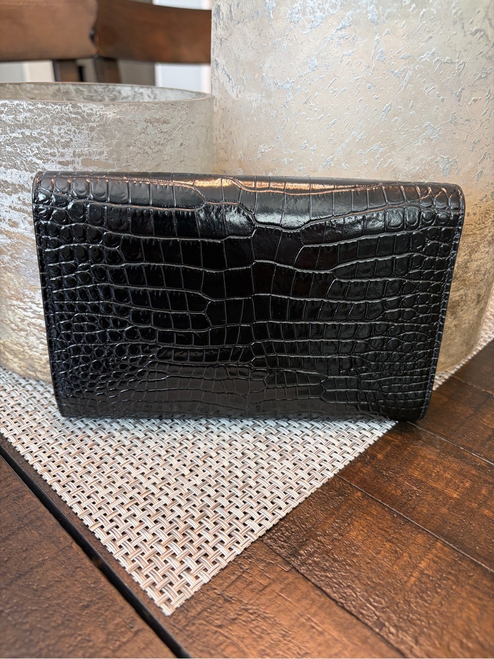 Yves Saint Laurent Black Croc-Embossed Leather Wallet with Silver YSL Logo - Picture 2 of 8